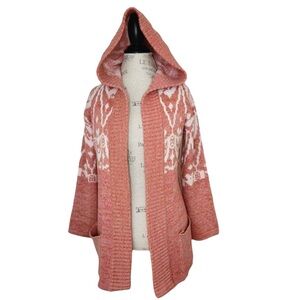 Vintage | 70’s Fair Isle Wool Blend Hooded Open Front Coral Heavy Weight Cardi